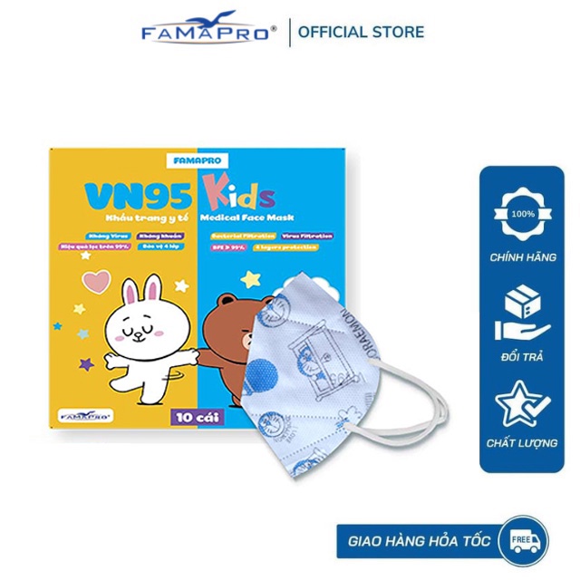 Khẩu trang y tế trẻ em 4 lớp kháng khuẩn Famapro VN95 Kids (10 cái/hộp)