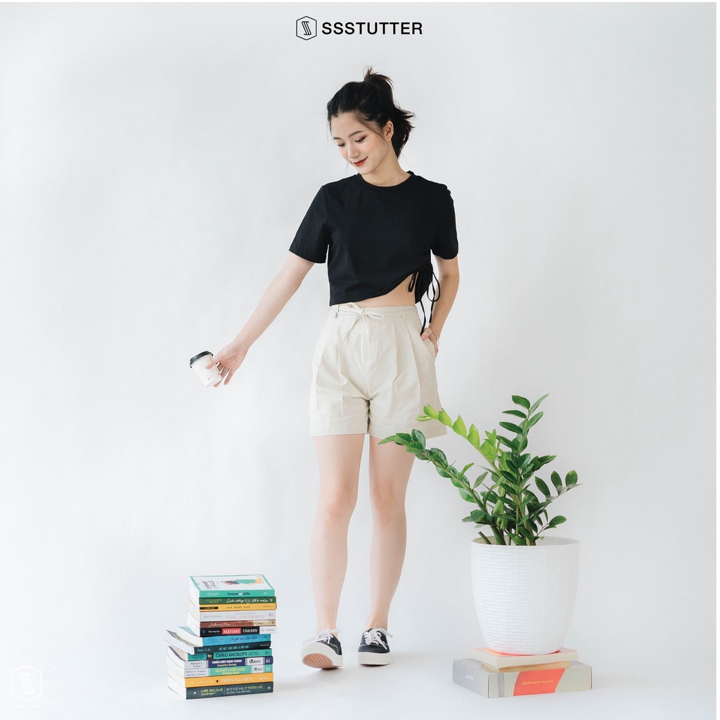 Quần short nữ SSSTUTTER chất linen thoáng mát đai thắt nơ self-tie shorts