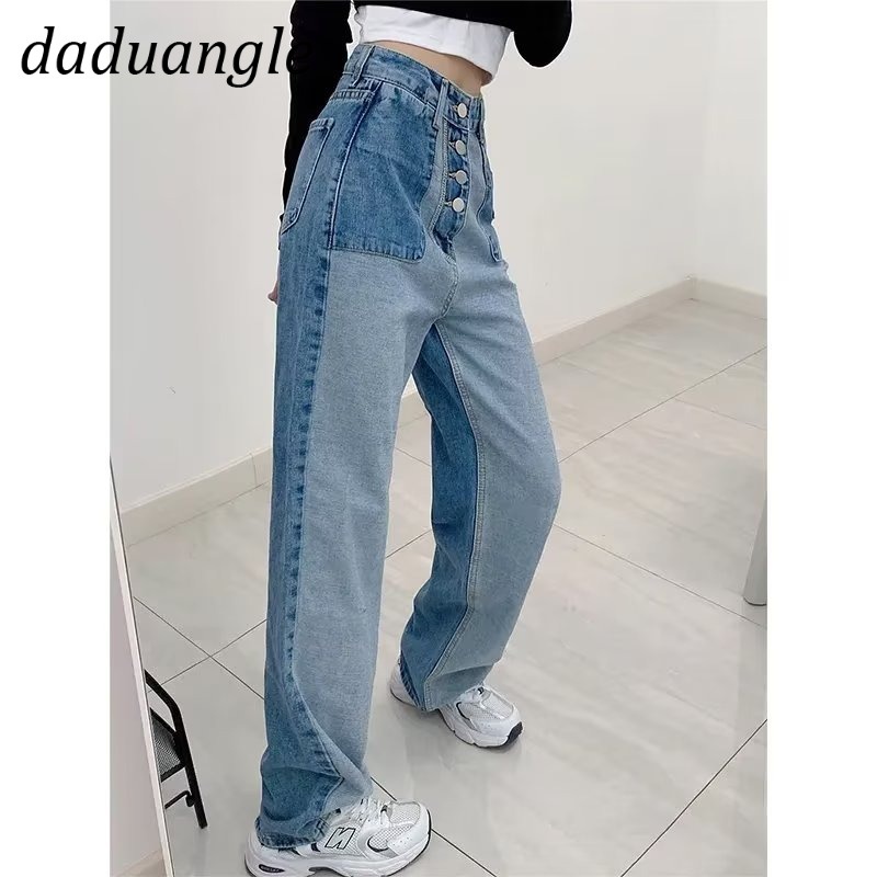 Quần jean Daduhey lưng cao dáng rộng nhiều nút kiểu dáng retro thời trang phong cách cho nữ