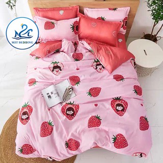 Bộ chăn ga gối Cotton poly M2T bedding cô bé dâu tây, vỏ chăn mền, drap nệm và 2 vỏ gối