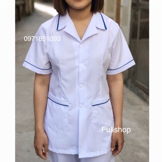 Áo blouse trắng điều dưỡng, y tá nữ cộc tay, dài tay - Áo điều dưỡng nữ có viền xanh