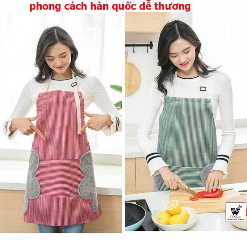 Tạp dề kẻ hoa có khăn lau tay bên hông, tạp dề chống thấm nước (Tạp Dề Sọc)