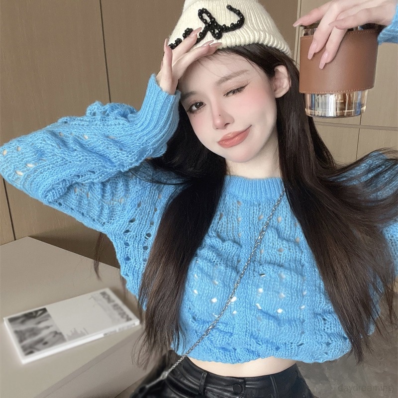 Áo Len Croptop Nữ Dệt Kim Cổ Tròn Màu Sắc Thanh Lịch
