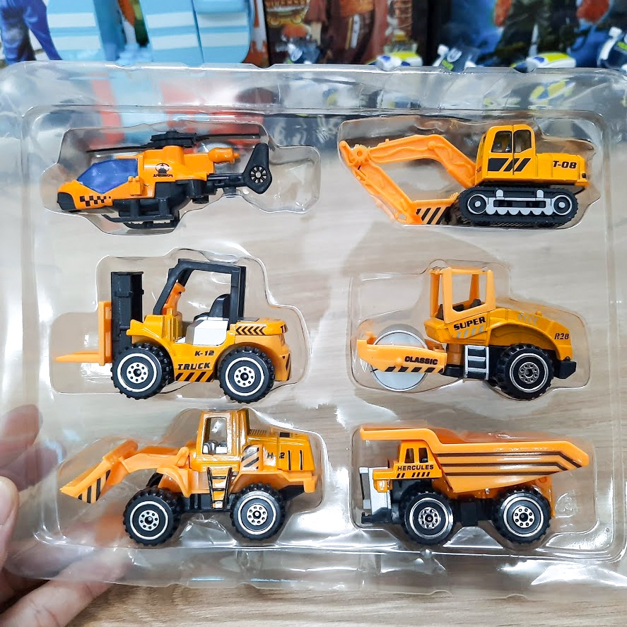 Bộ xe công trình die cast mini gồm 6 xe tỉ lệ 1:64 đồ chơi trẻ em