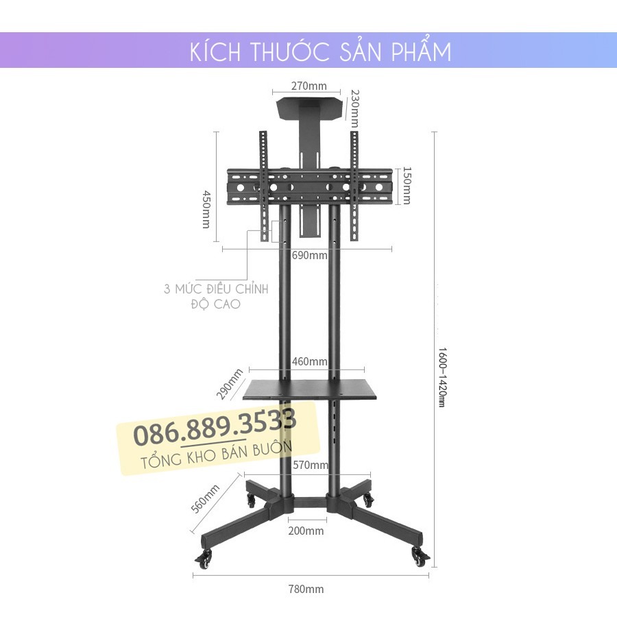 Giá treo tivi di động 1500A 32 - 43 - 50 - 55 inch - Cột Kệ Treo Tivi Có Bánh Xe Di Chuyển [ Rẻ Hơn NB AVA1500 ]