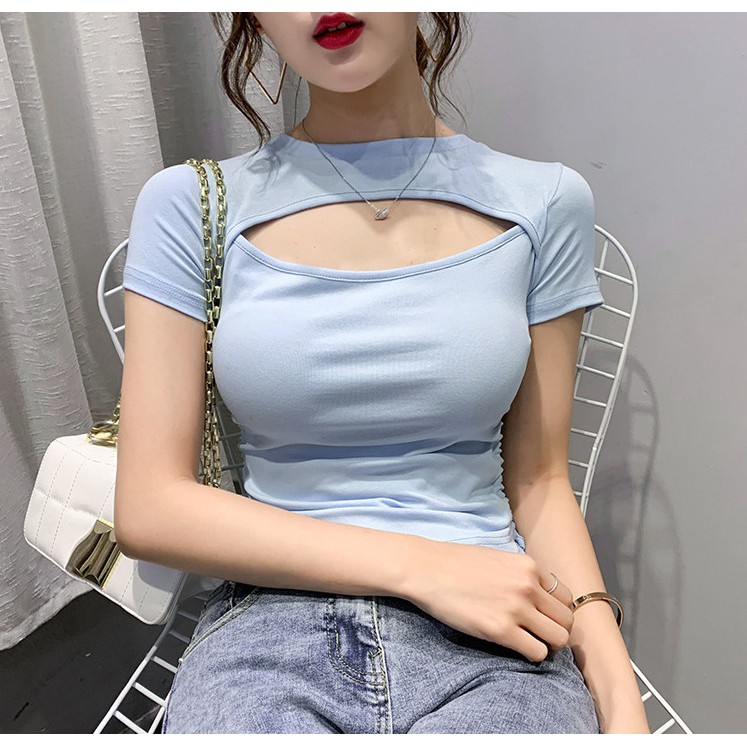 [CÓ SẴN FREESHIP ĐƠN TỪ 50K] Áo croptop tay ngắn màu trơn vải thun khoét ngực rút dây hai bên eo nữ BS24