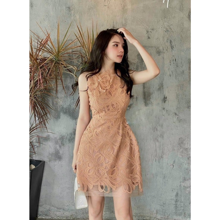 Đầm thiết kế ren hoa nổi cao cấp 2 lớp KimHoa77