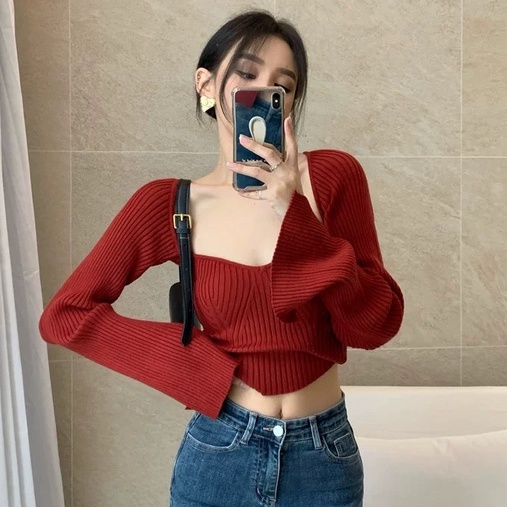 [AdorablexBeautiful] Áo Len Dệt Tay Dài Cổ Vuông Freesize Nữ Tính Dễ Thương Form Croptop 3 Màu Phong Cách Hàn Quốc