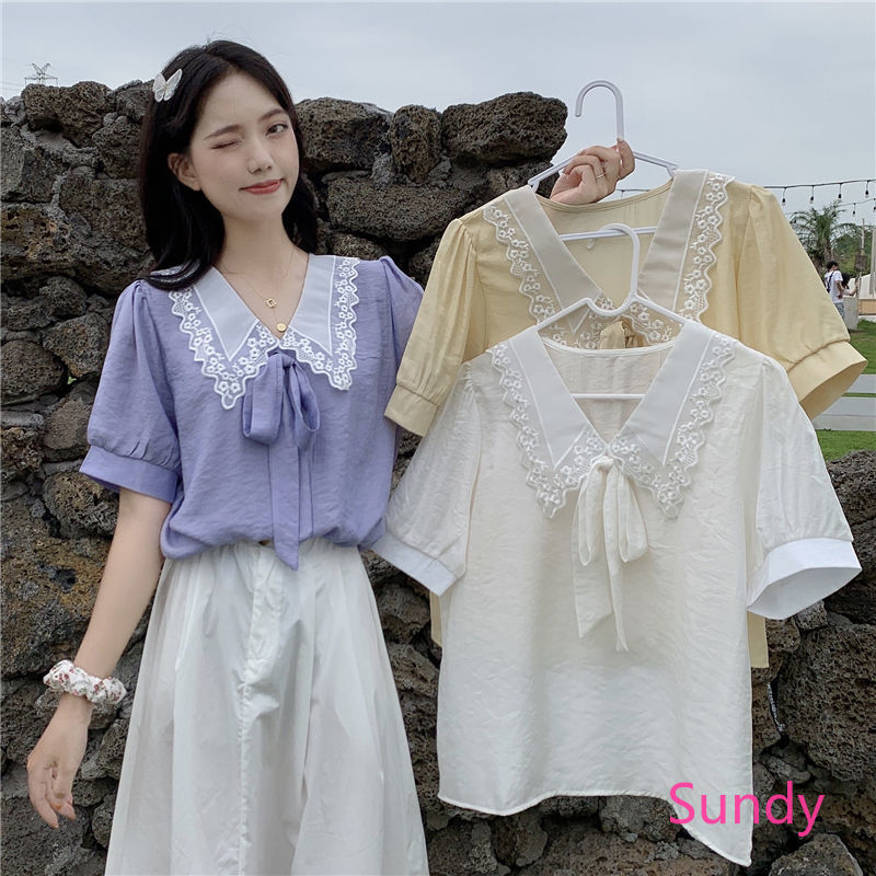 Áo Kiểu Chất Chiffon Tay Phồng Phối Ren Hoa Thiết Kế Ngọt Ngào Thời Trang Mùa Hè