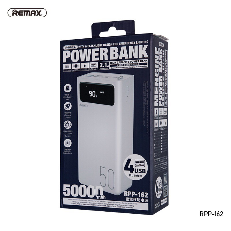 Pin sạc dự phòng Remax RPP-162 50000mAh, lõi Li-polymer, 3 cổng input, 4 cổng output (Trắng) - Hàng chính hãng