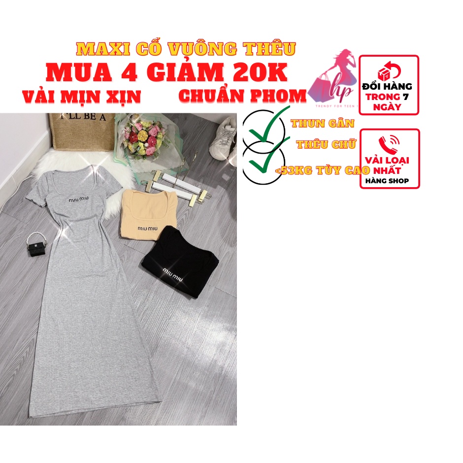 Váy đầm maxi dài nữ ôm body cổ vuông tay ngắn thun gân xịn thời trang dự tiệc sexy phong cách hàn -VD29