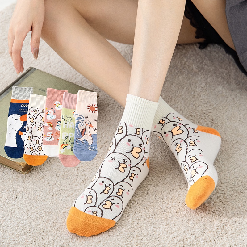 5-Pairs Funny Cartoon Socks Women Lucky Ducks Cute Short Casual Unisex Tube Socks Set Ready Stock Female Cotton Hosiery
