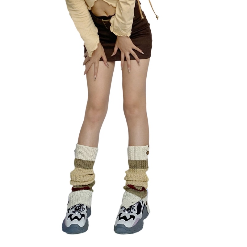 Yoioi Vớ Giữ Ấm Chân Kẻ Sọc Màu Tương Phản Phối Nút Bên Hông Cho Nữ Sinh