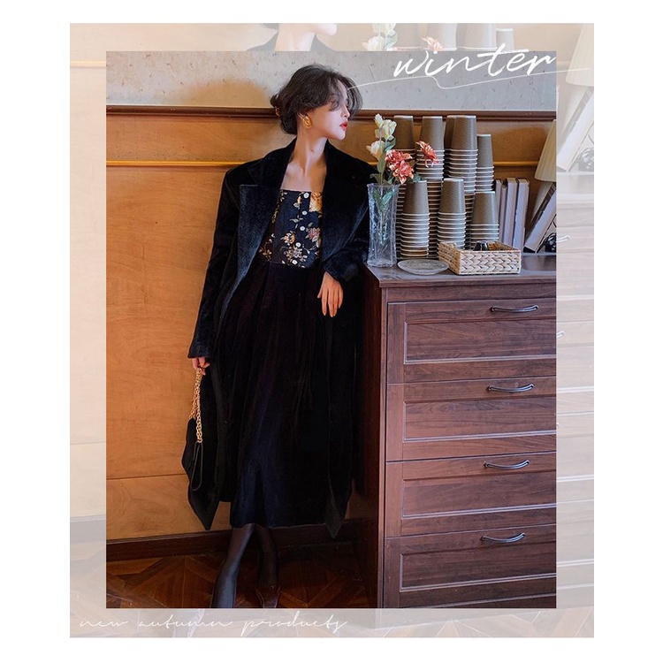 Hàng Có Sẵn!F &amp; X Đầm Nhung Dáng Dài Cổ Vuông Ghép Màu Tranh Sơn Dầu Phong Cách Retro Pháp Mới Cao Cấp Dành Cho Nữ