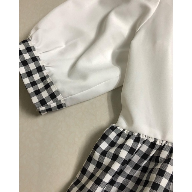 ĐẦM BABYDOLL tay phồng phối sọc caro đen siêu dễ thương tặng kèm scrunchie cùng màu
