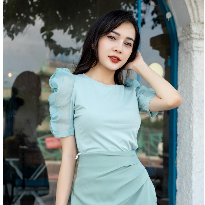 [Mã LTP50 giảm 50000 đơn 150000] Áo thun nữ Emspo cổ tròn, tay bồng phối vải ATS0482