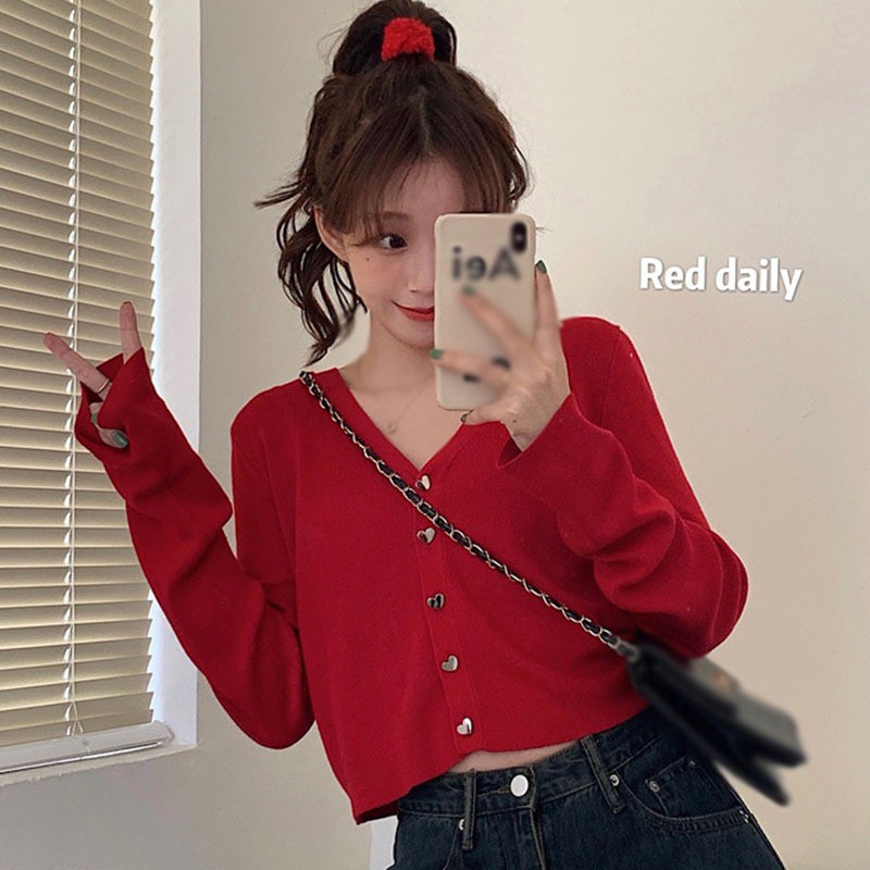 Áo sweater tay dài màu trơn phối nút thời trang cho nữ