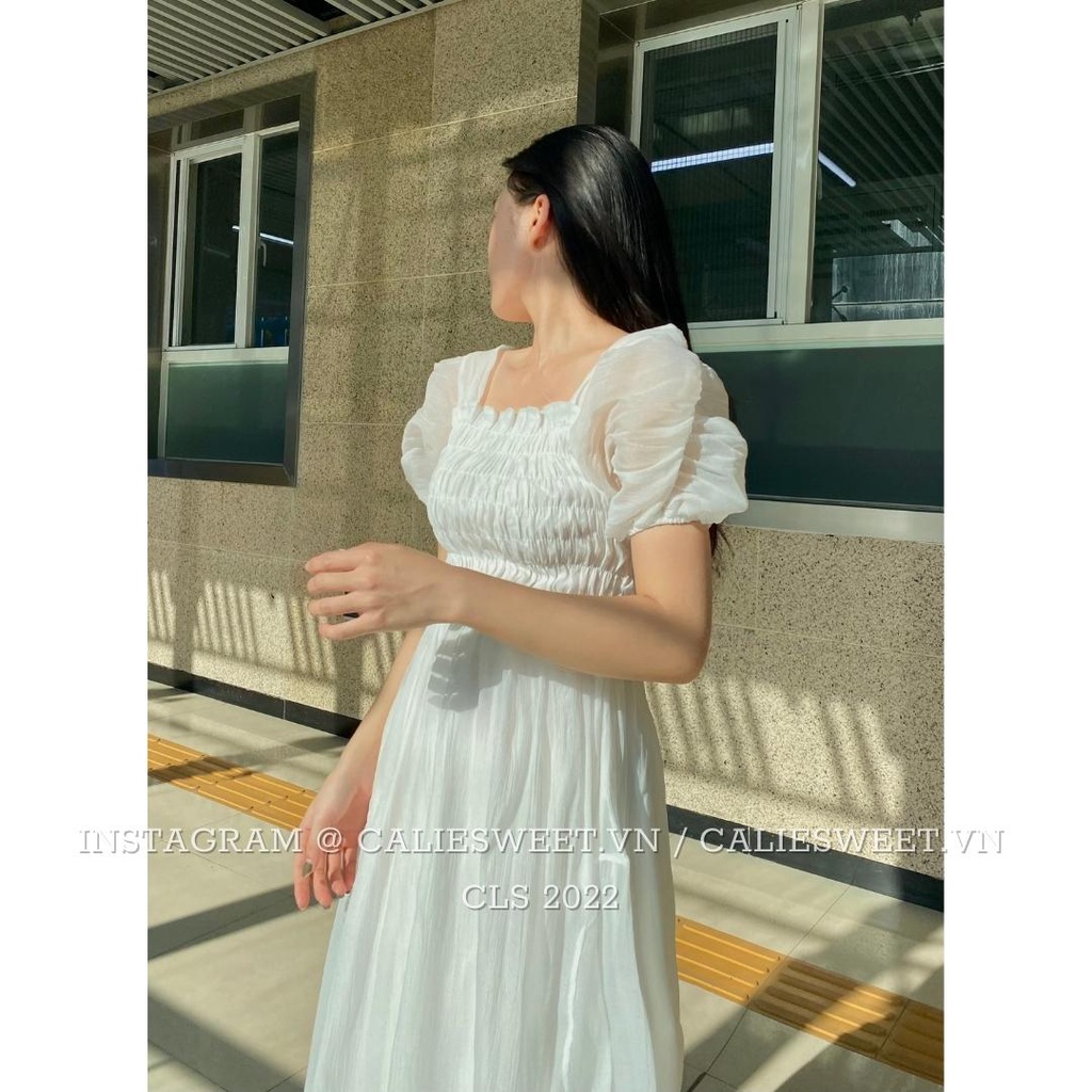 Váy babydoll tay phồng Caliesweet váy tiểu thư dáng dài 2 lớp chất tơ mềm