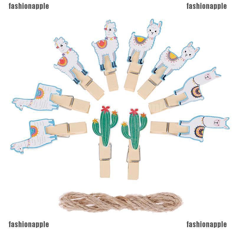 Favn Set 10 Kẹp Gỗ Treo Ảnh Hình Lạc Đà Xương Rồng Alpaca Llamas Hawaiian Kèm Dây Treo