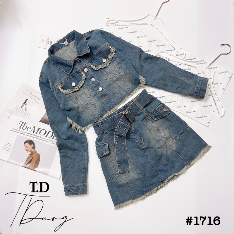Set áo sơ mi croptop + chân váy jean xoè hàng QCL1