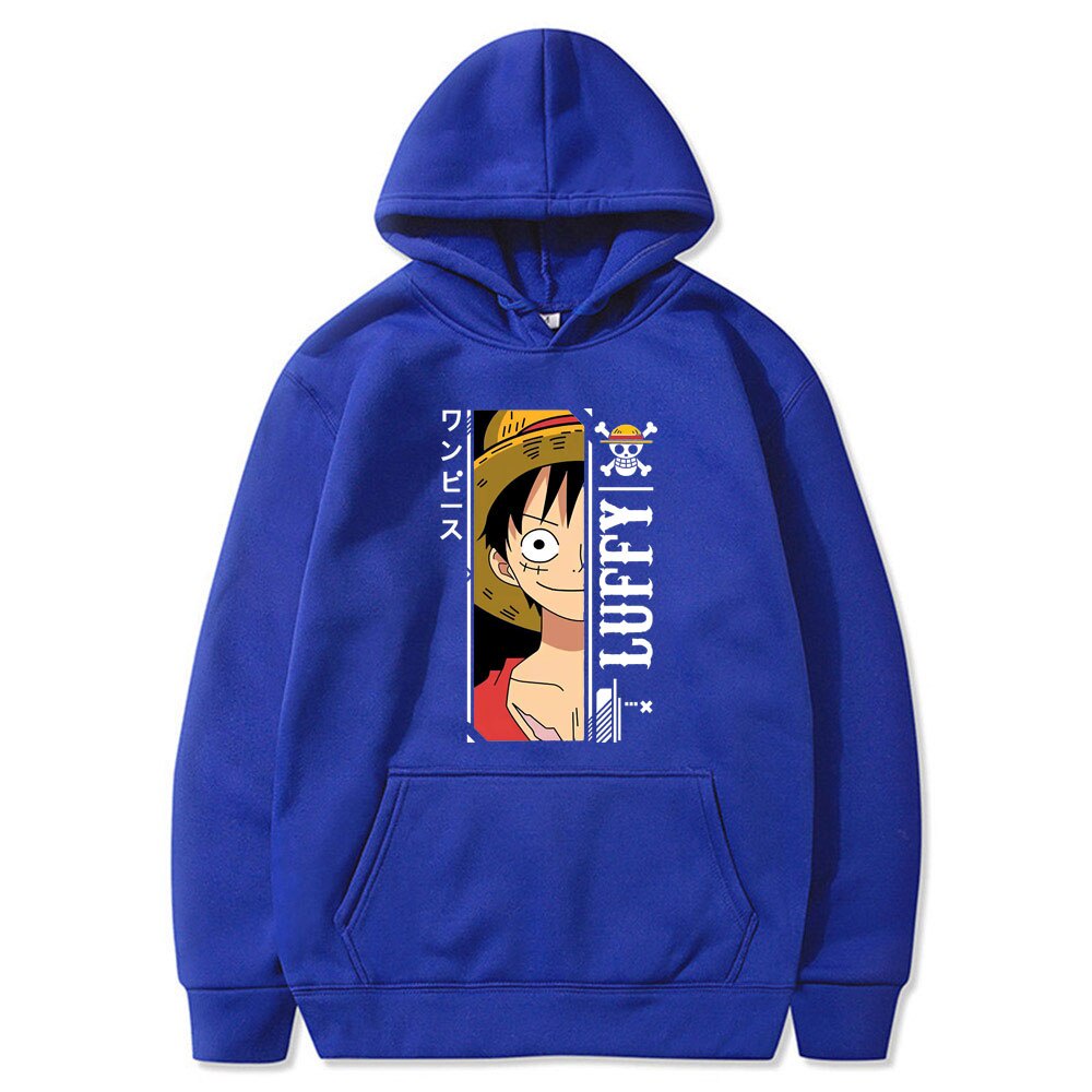 Áo hoodie chui đầu tay dài dáng rộng lót nhung in hình nhân vật One Piece Luffy thời trang cho nam cặp đôi
