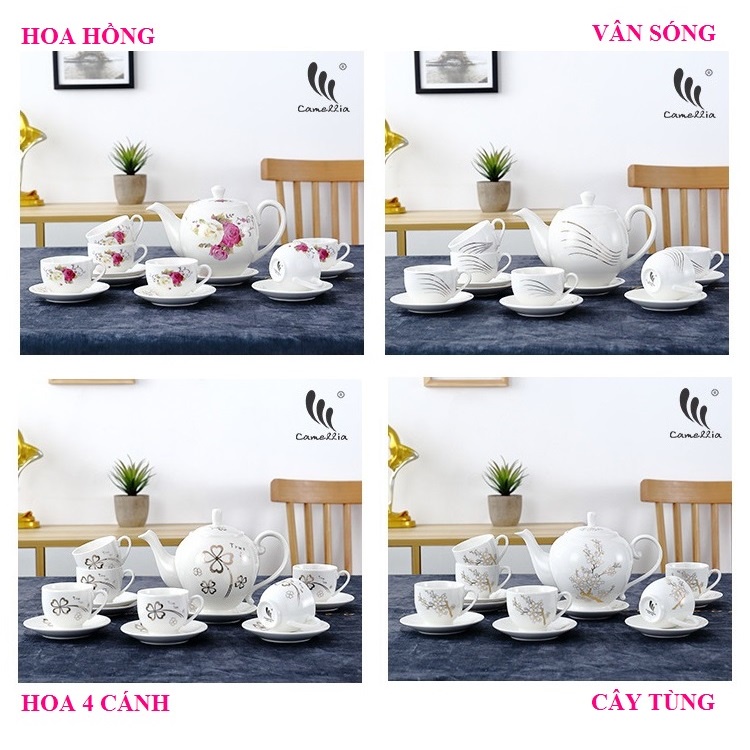 Bộ Ấm Chén Pha Trà Phong Cách Hàn Quốc Đẹp 100% Sứ Xương Camellia Mã 312