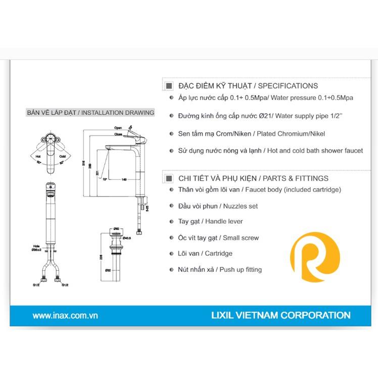 Vòi Chậu Lavabo INAX LFV-1402SH Nóng Lạnh, Vòi thân cao 29cm dùng cho lavabo đặt bàn, Bảo hành 02 năm,Cam kết chính hãng