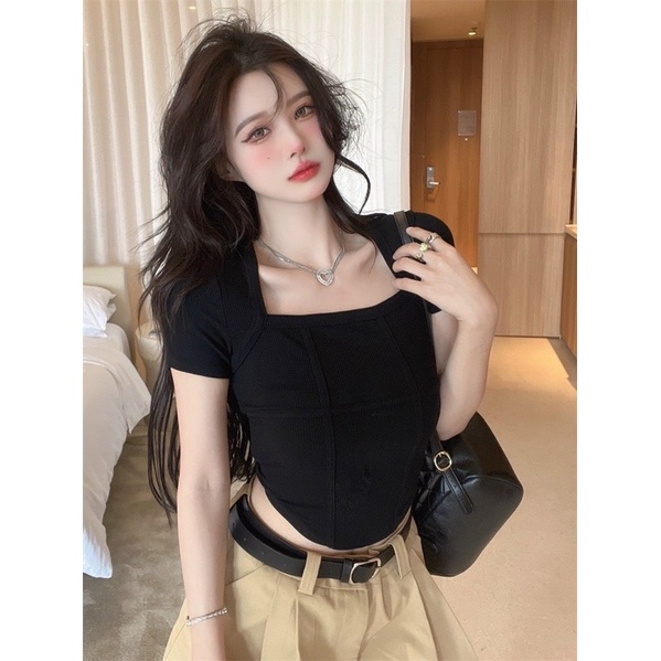 Áo thun croptop vạc bầu ngắn tay, Áo phông ngắn tay , áo thun trơn cổ vuông dáng ôm body nhiều màu freesize Gb