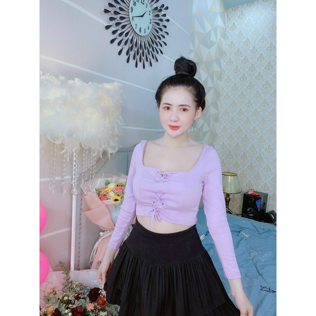 Áo kiểu cổ U tay dài đan dây trước ngực cực xinh , chất thun bozip mềm mịn ( ảnh thật )