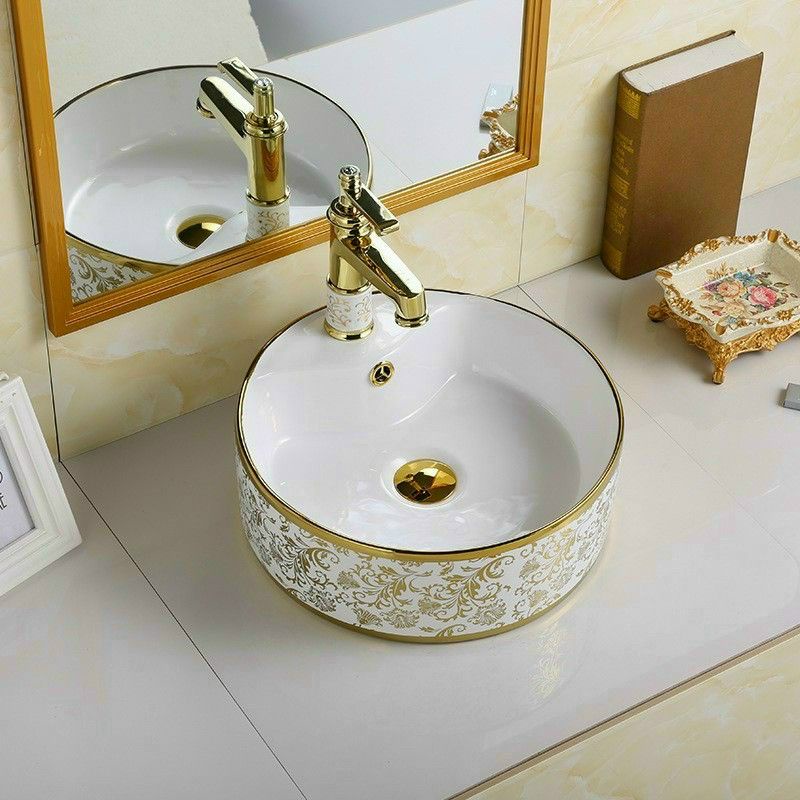 Chậu rửa mặt men sứ hoa văn vàng Oval, vuông &amp; tròn, lavabo đặt bàn cao cấp. CHỌN HỎA TỐC SHIP NHANH 2H TPHCM