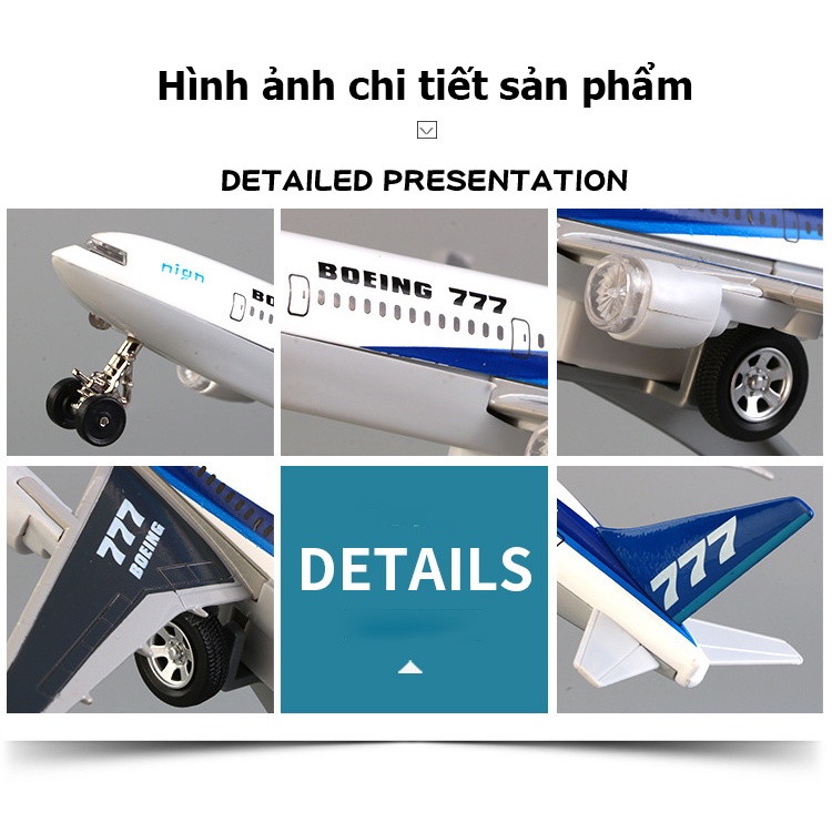 Đồ chơi mô hình máy bay Boeing 777 KAVY có âm thanh và ánh sáng bằng hợp kim kèm bánh xe và chân đế trang trí