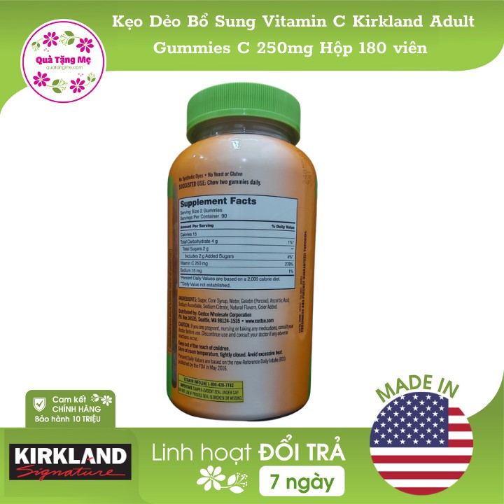 Kẹo Dẻo Bổ Sung Vitamin C Kirkland Adult Gummies C 250mg Hộp 180 viên - Nhập Khẩu Mỹ