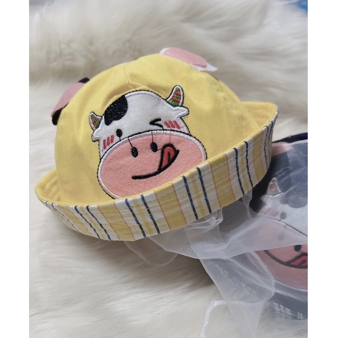 Nón kèm khăn voan thêu hình heo con dễ thương chống bụi bẩn cho bé sơ sinh từ 0-20 tháng tuổi