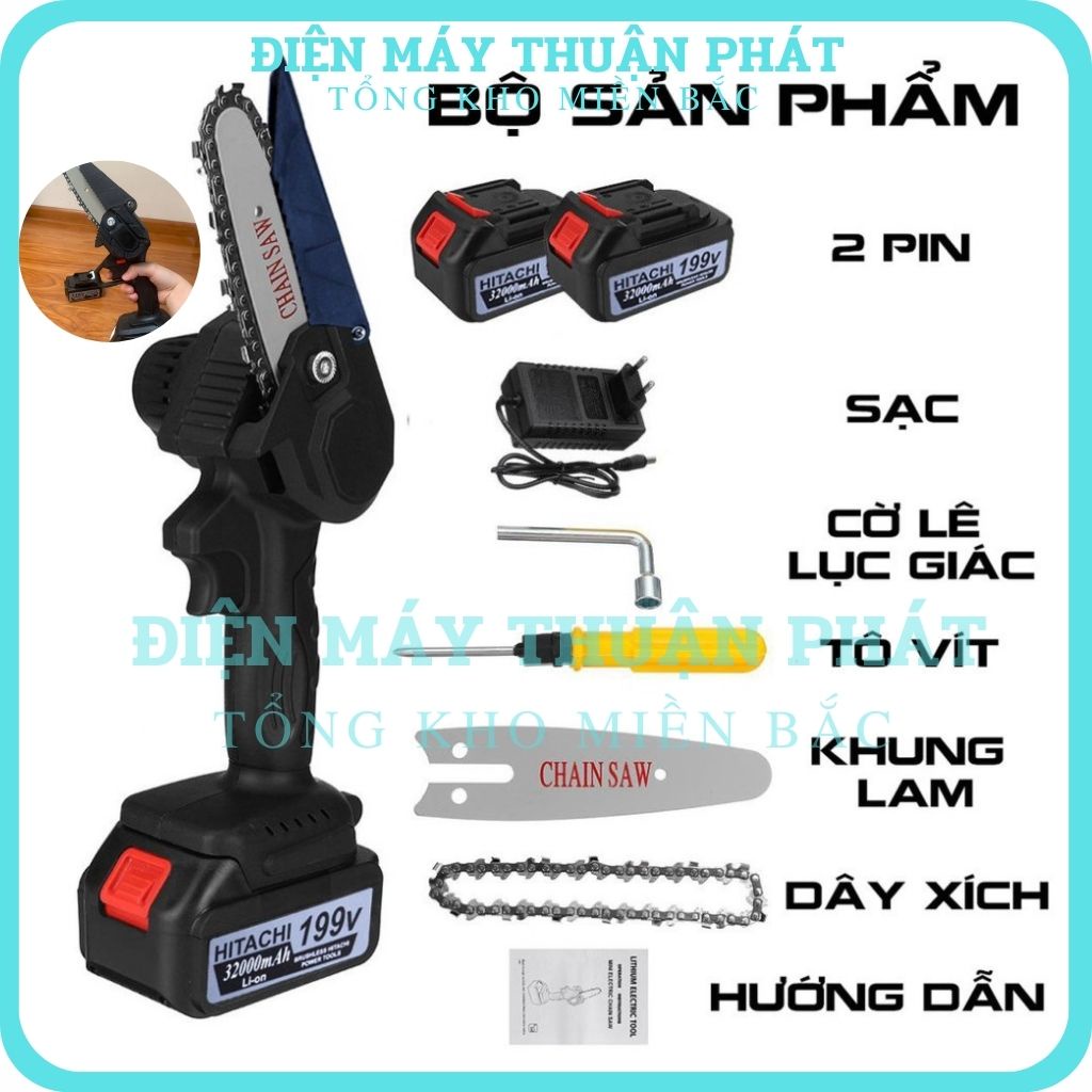 Máy cưa gỗ cầm tay cưa lọng xích chạy pin cắt tỉa cành cây Hitachi 199V Pin chuẩn 10 Cell mini