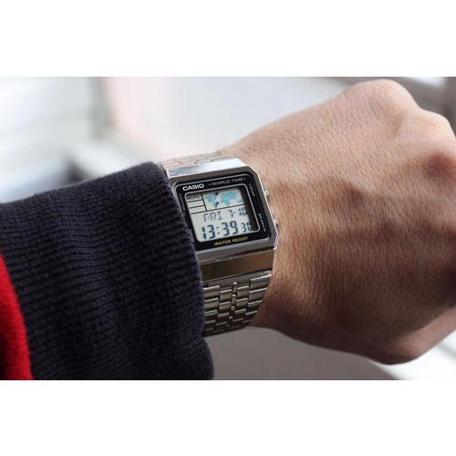 Đồng hồ Nam Casio A500WA-1DF, đồng hồ chính hãng, (dây bạc mặt đen)