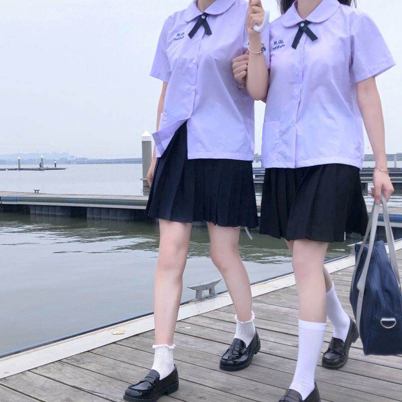 Thailand School Uniform round NeckjkUniform Student Light Purple Short-Sleeved Shirt First Love Xiaoshui Same Style Shirt College Style Female【5Month12Day After】