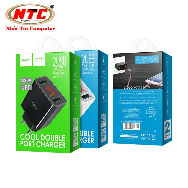 Cốc sạc Hoco C25A Cool có màn hình hiển thị (2 cổng sạc, dòng điện max 2.2A) - Hãng phân phối chính thức