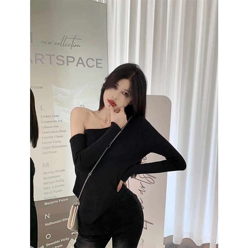 Kumikumi HUANG YOYO Áo Thun Tay Dài Lệch Vai Dáng Ôm Thời Trang Hàn Quốc Dành Cho Nữ croptop