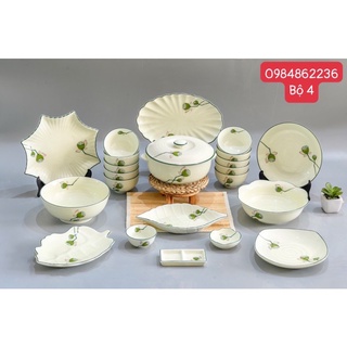 Bộ bát đĩa vẽ hoa sen đài men kem Bát Tràng - Bộ tô chén dĩa đẹp - Bộ đồ ăn cao cấp Bát Tràng