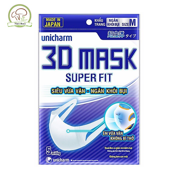 Khẩu trang ngăn khói bụi Unicharm 3D Mask Super Fit size M gói 5 cái
