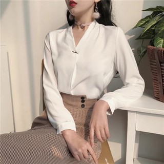 Áo sơ mi nữ cổ tim dài tay hàn quốc (oder) kèm ảnh thật