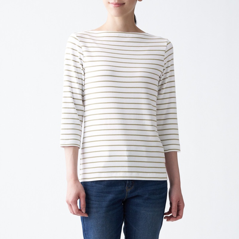 Muji Áo Thun Co Giãn Cổ Thuyền Tay Lửng 3/4 - Sọc