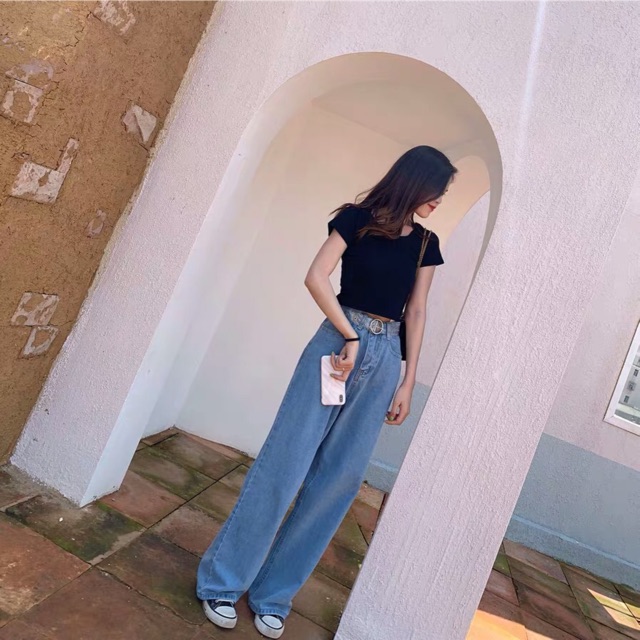 #Q153025 Quần jean ống dài rộng cạp cao retro ( ảnh thật ) | BigBuy360 - bigbuy360.vn