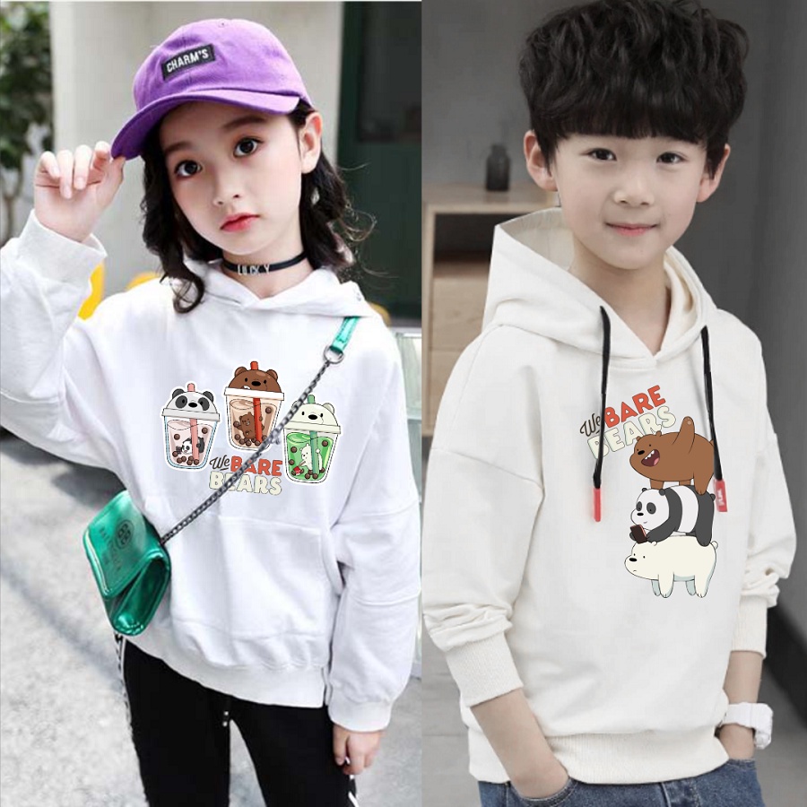 Áo khoác nỉ hoodie we bare bears màu trắng 3 chú gấu đủ size cho bé trai bé gái