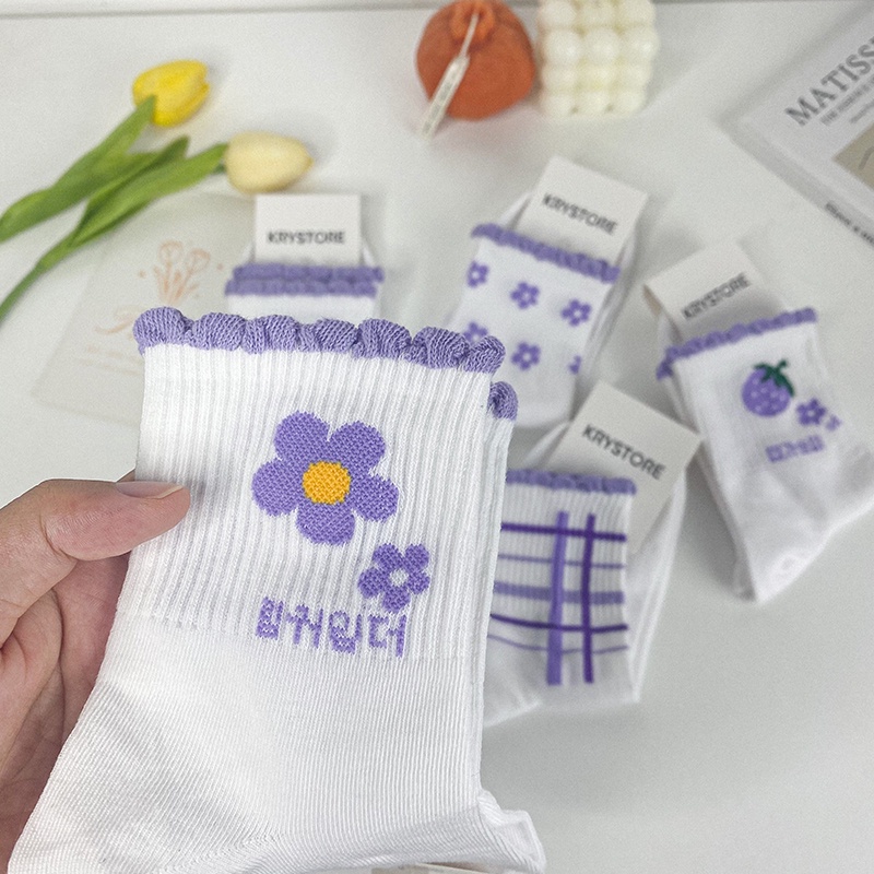 Set 5 đôi tất trắng nữ cao cổ Hoa Tím viền nhún ST16