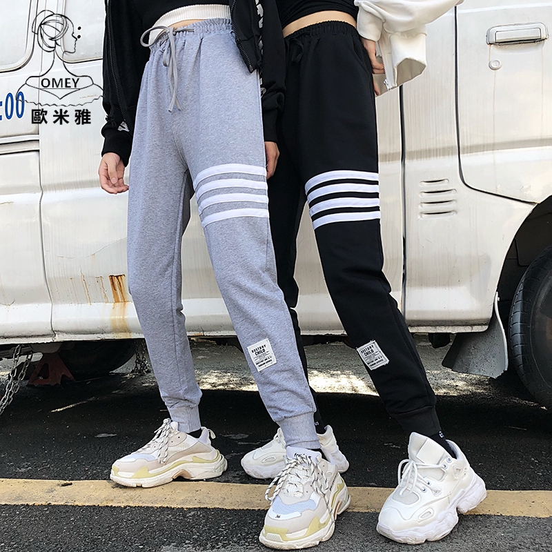 Quần Thể Thao Dài Tới Mắt Cá Chân Họa Tiết Kẻ Sọc Phong Cách Harajuku