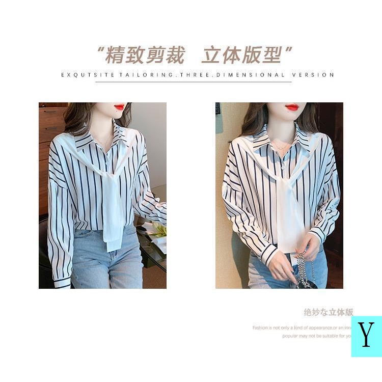 Áo Sơ Mi Tay Dài Dáng Rộng Giả Hai Lớp Kèm Khăn Choàng Họa Tiết Kẻ Sọc Thời Trang Xuân Thu 2022 Mới