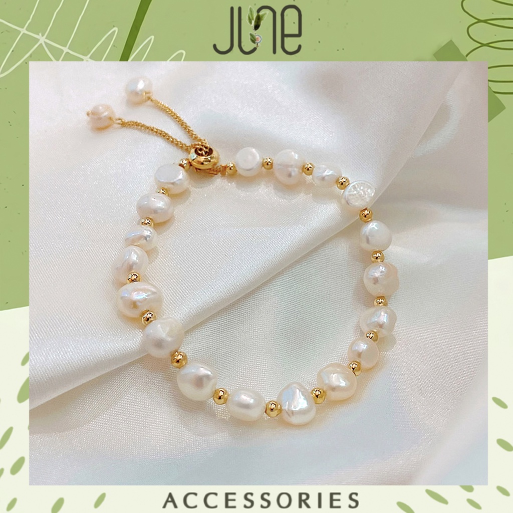 Lắc tay nữ hạt trai nước ngọt méo JUNE vòng tay có dây rút chỉnh kích thước thông minh phong cách retro June