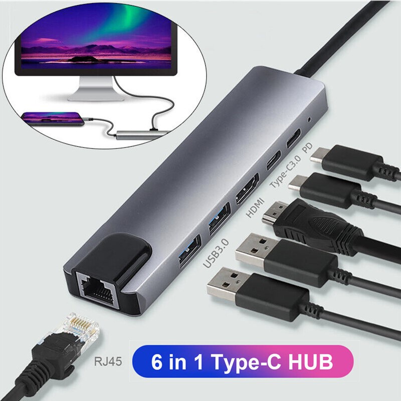Bộ Chia 6 Trong 1 Cổng USB Type C HD 4K HDMI RJ45 USB 3.0 OTG Thunderbolt 3 Dock Với PD TF SD Cho Macbook Air Pro / Samsung / iPad XPS Surface