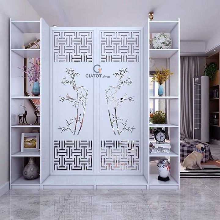 Bộ 2 vách ngăn liền 2 kệ hình cành trúc sang trọng GTS330 bằng gỗ cao cấp CNC chống mối,mọt